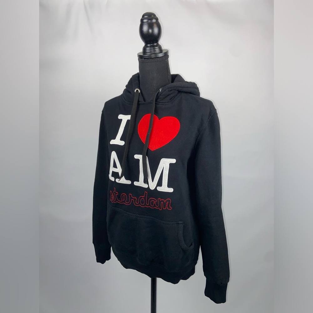 Cotton Hoodie Pullover I love Amsterdam Small Sweatsuit pockets Black + Red